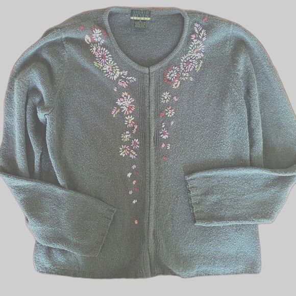 SIGRID OLSEN Vintage 90s Embroidered Floral Cardigan Sweater Medium Cottagecore - Picture 2 of 13